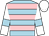 Light blue, pink hoops, white sleeves, light blue armlets, white cap