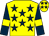 Yellow, dark blue stars, dark blue sleeves, yellow armlets