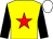 yellow, red star, black sleeves, white cap