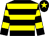 Black, yellow hoops, black cap, yellow star