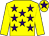 Yellow, purple stars, yellow sleeves, yellow cap, purple star