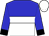 blue and white halved horizontally, white hoop, blue sleeves, black cuffs, white cap