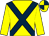 Yellow body, dark blue crossbelts, yellow arms, quartered cap