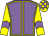 Mauve body, yellow seams, yellow arms, mauve chevron, yellow cap, mauve checked