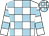 White and light blue check, hooped sleeves, light blue and white check cap