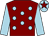 Maroon, light blue spots and sleeves, light blue cap, maroon star