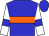 blue, orange hoop, blue armbands on white sleeves