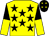 Yellow, black stars, black and yellow halved sleeves, black cap, yellow stars