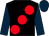 Black, large red spots, dark blue sleeves and cap