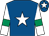 Royal blue, white star, white sleeves, emerald green armlets, royal blue cap, white star