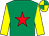 Emerald green, red star, yellow sleeves, emerald green & yellow quartered cap