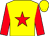 Yellow body, red star, red arms, yellow cap