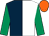 Dark blue and white (halved), emerald green sleeves, orange cap