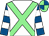 White, light green cross belts, royal blue and white hooped sleeves, light green and royal blue quartered cap