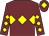 Garnet body, yellow triple diamond, garnet arms, yellow diamonds, garnet cap, yellow diamond