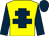 Yellow, dark blue cross of lorraine, dark blue sleeves and cap