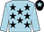 Light blue, black stars, light blue sleeves, black cap, light blue star