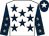 White, dark blue stars, dark blue sleeves, grey stars, dark blue cap, white star