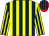 Dark blue & yellow stripes, yellow & dark blue striped sleeves, red & dark blue striped cap