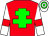 red, green cross of lorraine, white sleeves, red armlets, white cap, green hoops