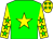 Green body, yellow star, yellow arms, green stars, yellow cap, green stars