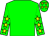 Green body, green arms, yellow stars, green cap, yellow stars