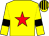 Yellow body, red star, yellow arms, black armlets, yellow cap, black striped