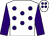 White, purple spots, purple sleeves, purple spots on cap