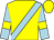 Yellow, light blue sash, light blue sleeves, yellow armlets