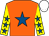 Orange, royal blue star, yellow sleeves, royal blue stars, white cap