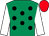 Emerald green, black spots, white sleeves, red cap