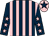 Dark blue and pink stripes, dark blue sleeves, pink stars, pink cap, dark blue star