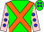 green, orange cross belts, blue spots on pink sleeves, blue spots on green cap