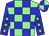 light green and blue checked, light green stars on blue sleeves, quartered cap