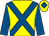 Yellow, royal blue cross sashes & sleeves, royal blue diamond on cap