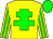 Yellow body, green cross of lorraine, yellow arms, green striped, green cap