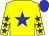 Yellow body, blue star, yellow arms, blue stars, blue cap