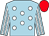 Light blue, white spots, striped sleeves, red cap