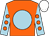 Orange, light blue disc, light blue sleeves, orange spots, white cap
