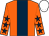Orange, dark blue stripe, orange sleeves, dark blue stars, white cap