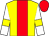 yellow, red stripe, yellow armbands on white sleeves, red cap