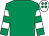 Emerald green, emerald green & white hooped sleeves, white cap, emerald green spots