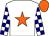 White, orange star, white and navy checked sleeves, orange cap