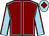 Maroon, light blue seams, light blue sleeves, maroon seams, light blue cap, maroon diamond