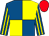 Royal blue and yellow quartered, striped sleeves, red cap