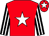 Red, white star, black and white striped sleeves, red cap, white star