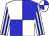 White body, big-blue quartered, white arms, big-blue striped, white cap, big-blue quartered