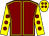 Maroon, yellow seams, yellow sleeves, maroon spots, yellow cap, maroon spots