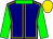 Navy, gold seams, green collar and sleeves, gold cap