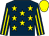 Dark blue, yellow stars, striped sleeves, yellow cap